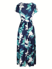  Tropical Print Short Sleeve Maxi Dress With Pockets