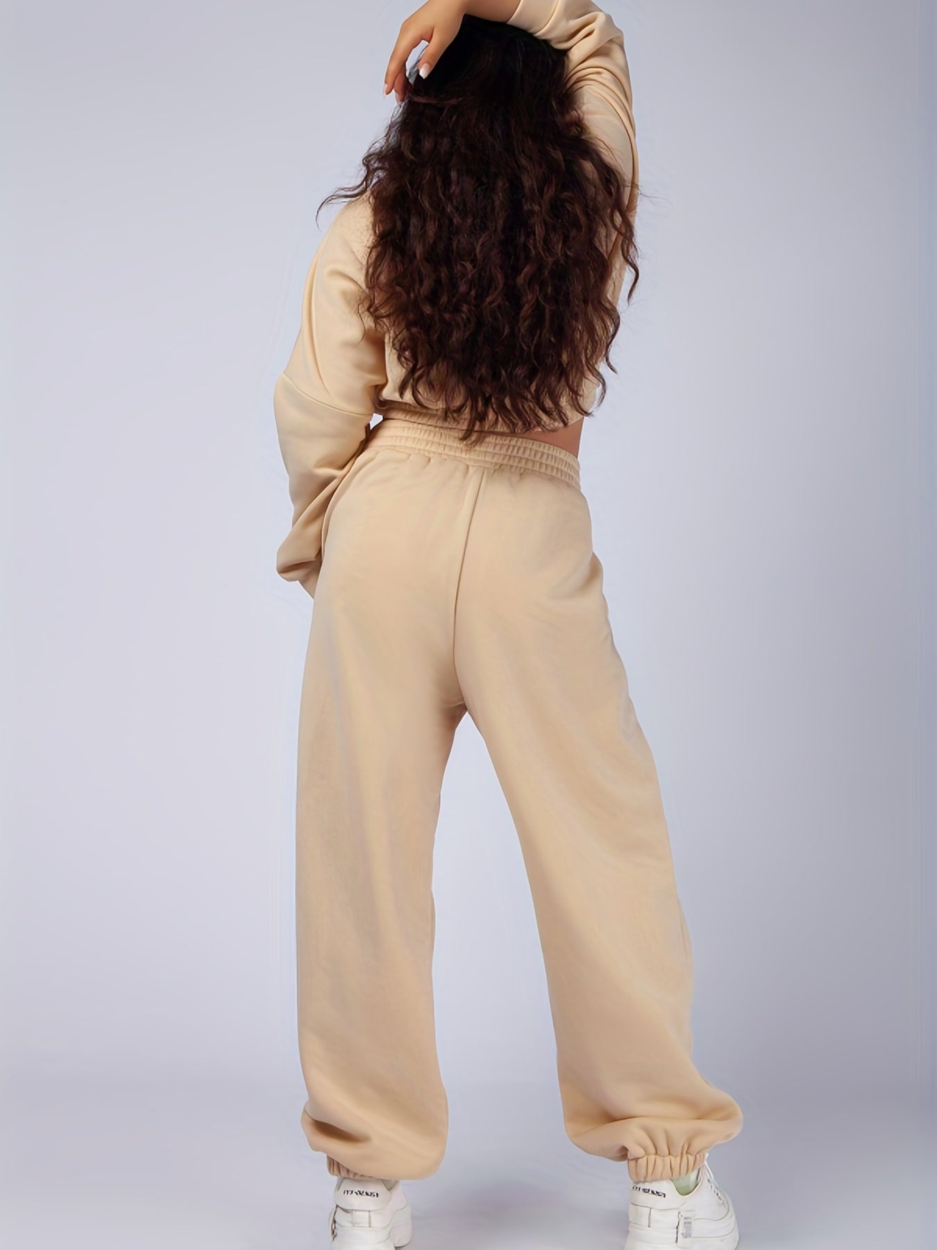  Solid Shirred Long Sleeve Crop Top & Jogger Sweatpants Set