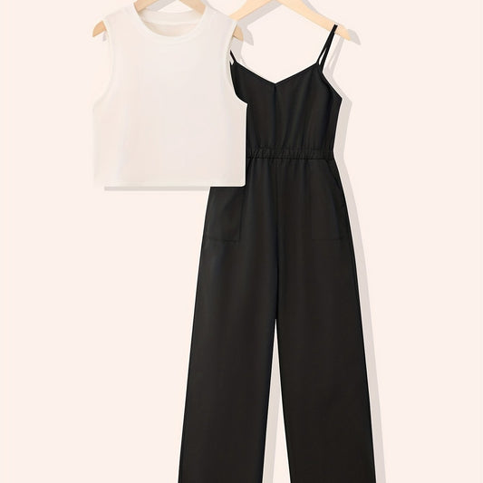 Girl's 2pcs Tank Top & Cami Overalls Set for Summer
