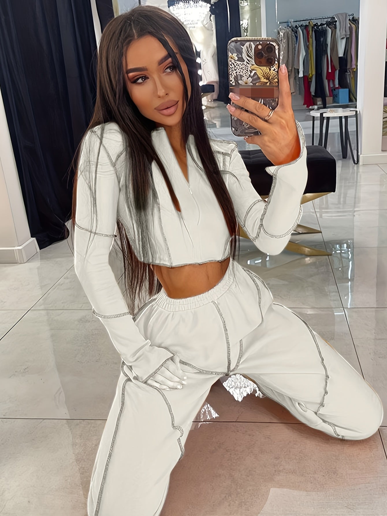 Y2K Top Stitching 2pc Set Zip Crop Top & Elastic Jogger Pants