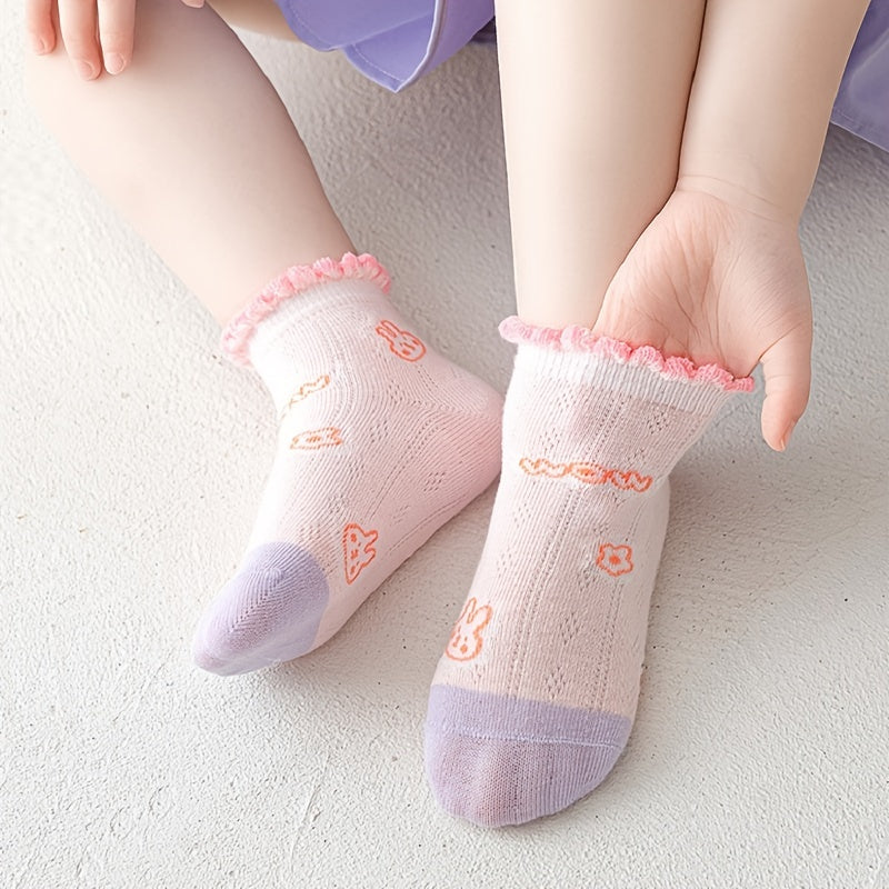 Girls Ruffled Flower Print Knit Socks Cartoon Mesh Breathable Socks
