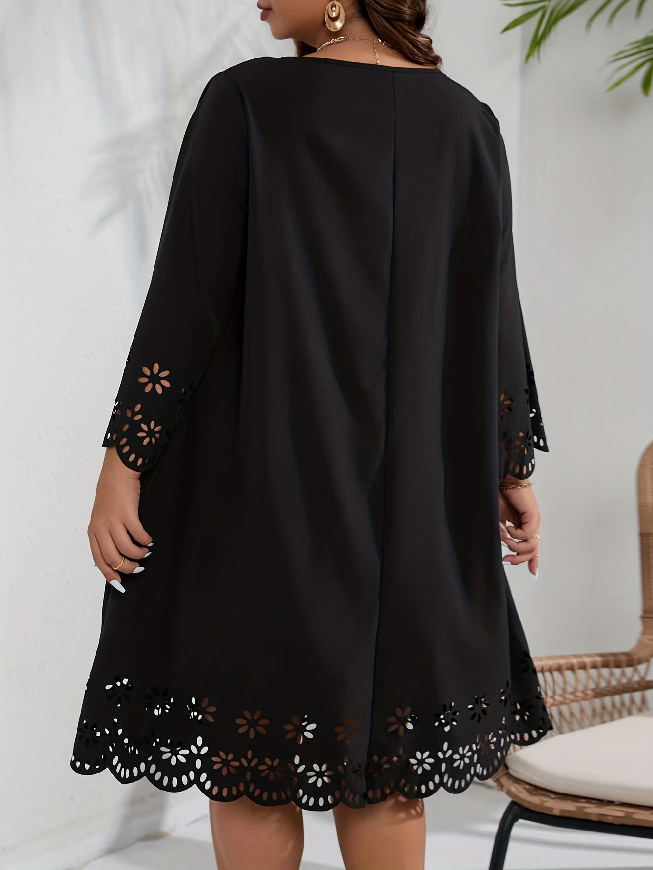  Laser Cut Long Sleeve Floral Trim Dress