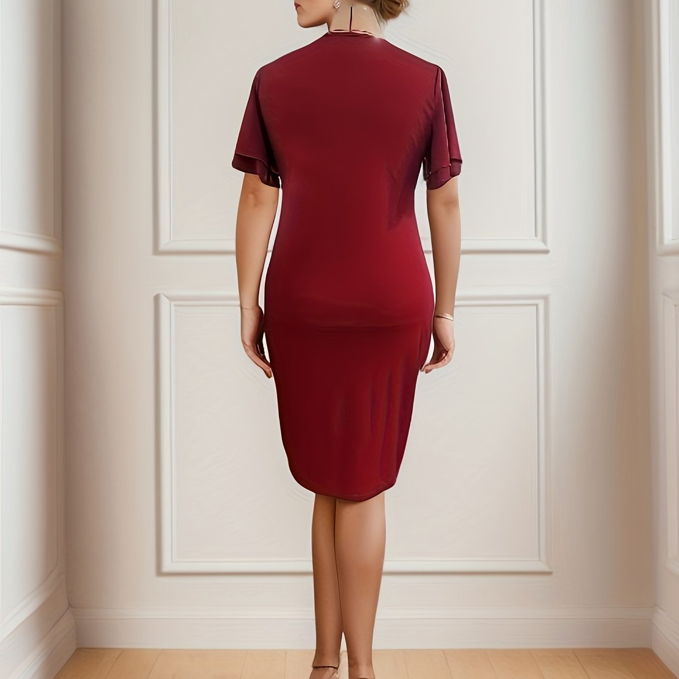  Solid Layered Sleeve Round Neck Midi Dress