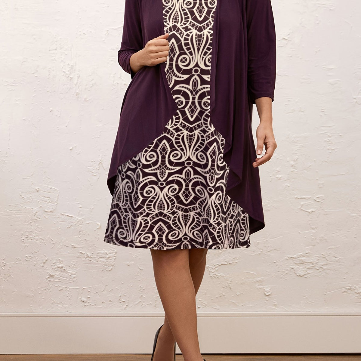 Plus Size Allover Print Tank Dress & Solid Open Front Coat Set