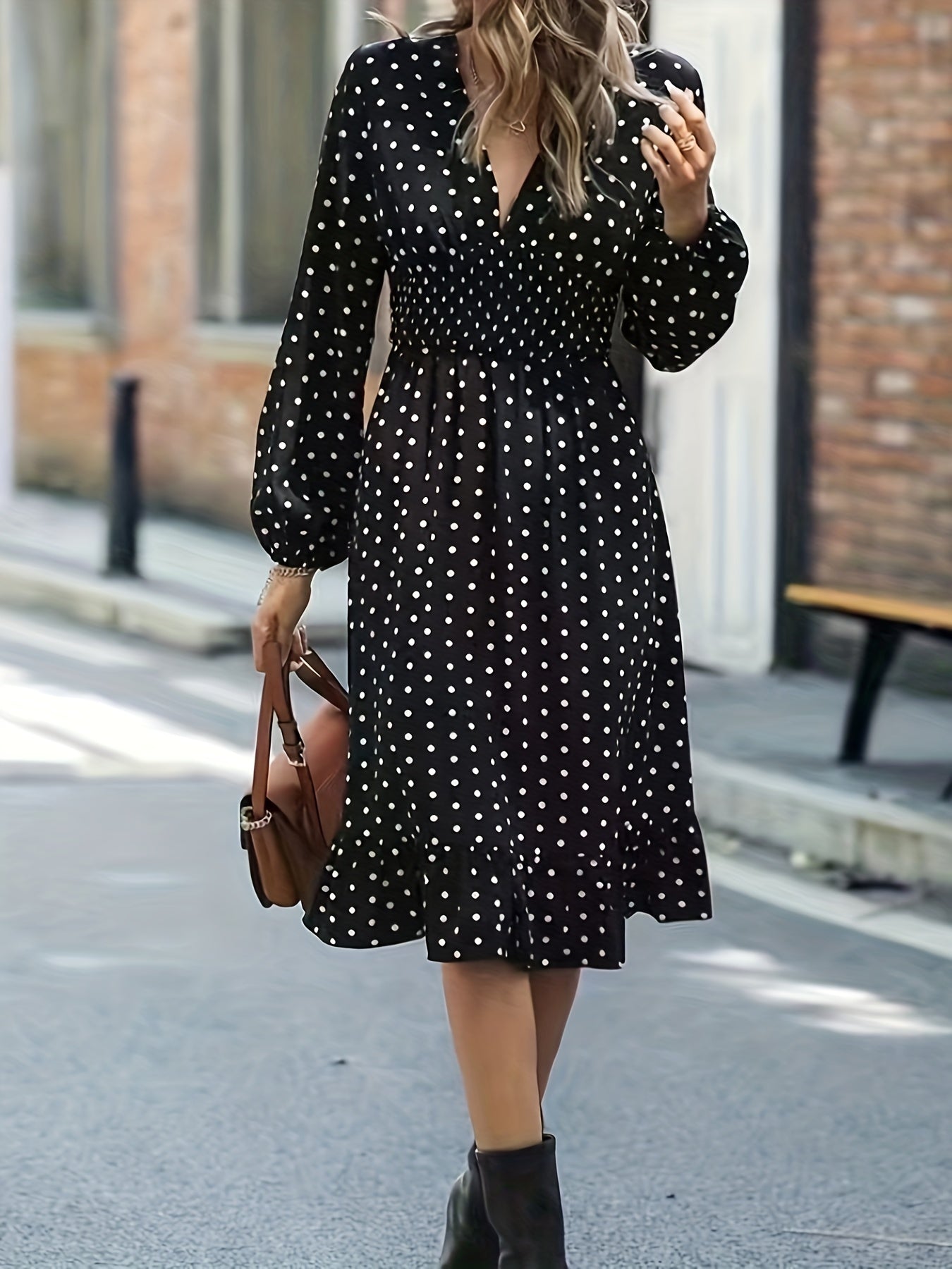  Polka Dot Print Lantern Sleeve V Neck Ruffle Trim Midi Dress
