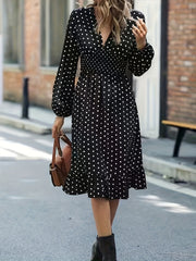  Polka Dot Print Lantern Sleeve V Neck Ruffle Trim Midi Dress