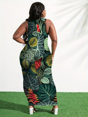 Tropical Print V Neck Maxi Dress Women's Plus Size