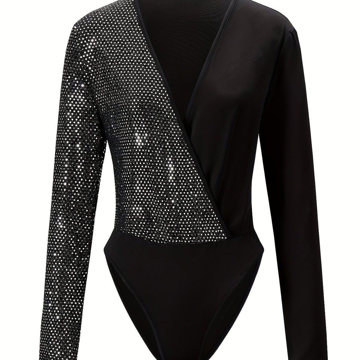 Sequined Surplice Neck Bodysuit Long Sleeve Slim Fit