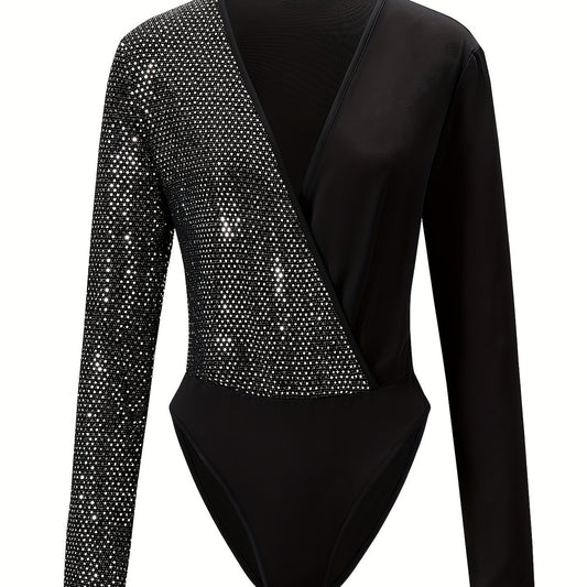 Sequined Surplice Neck Bodysuit Long Sleeve Slim Fit