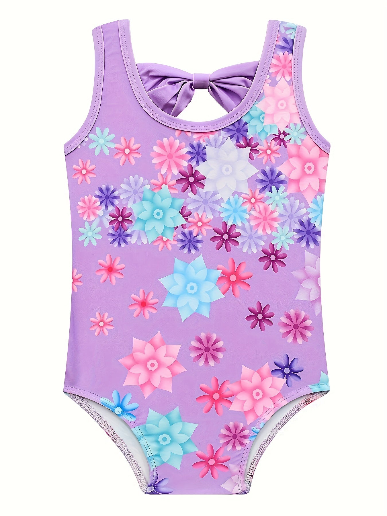 Girls 2pcs Swimsuit Tankini & Swim Cap Floral Print Bow Decor