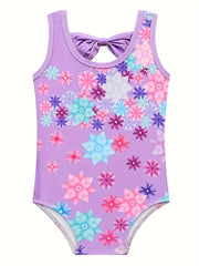 Girls 2pcs Swimsuit Tankini & Swim Cap Floral Print Bow Decor