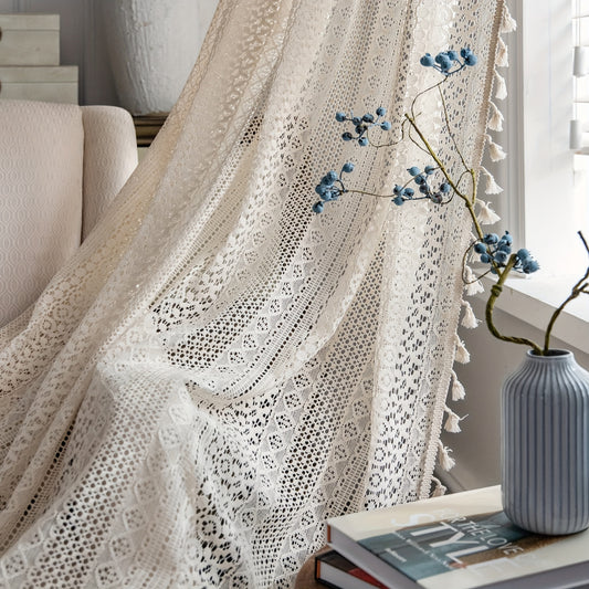 Bohemian Sheer Curtain with Hollow Trim and Tassel - Home Decor