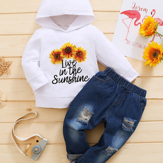 Baby Girls Hoodie Floral Print Hooded Sweatshirt & Jeans