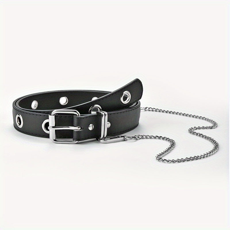 Men's Automatic Buckle Belt With Chain PU Leather Belt Punk Waist Strap
