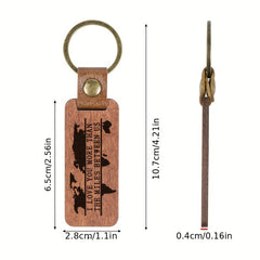 Rosewood Pure Wood Keychain Map Pattern PU Leather Retro Keyring