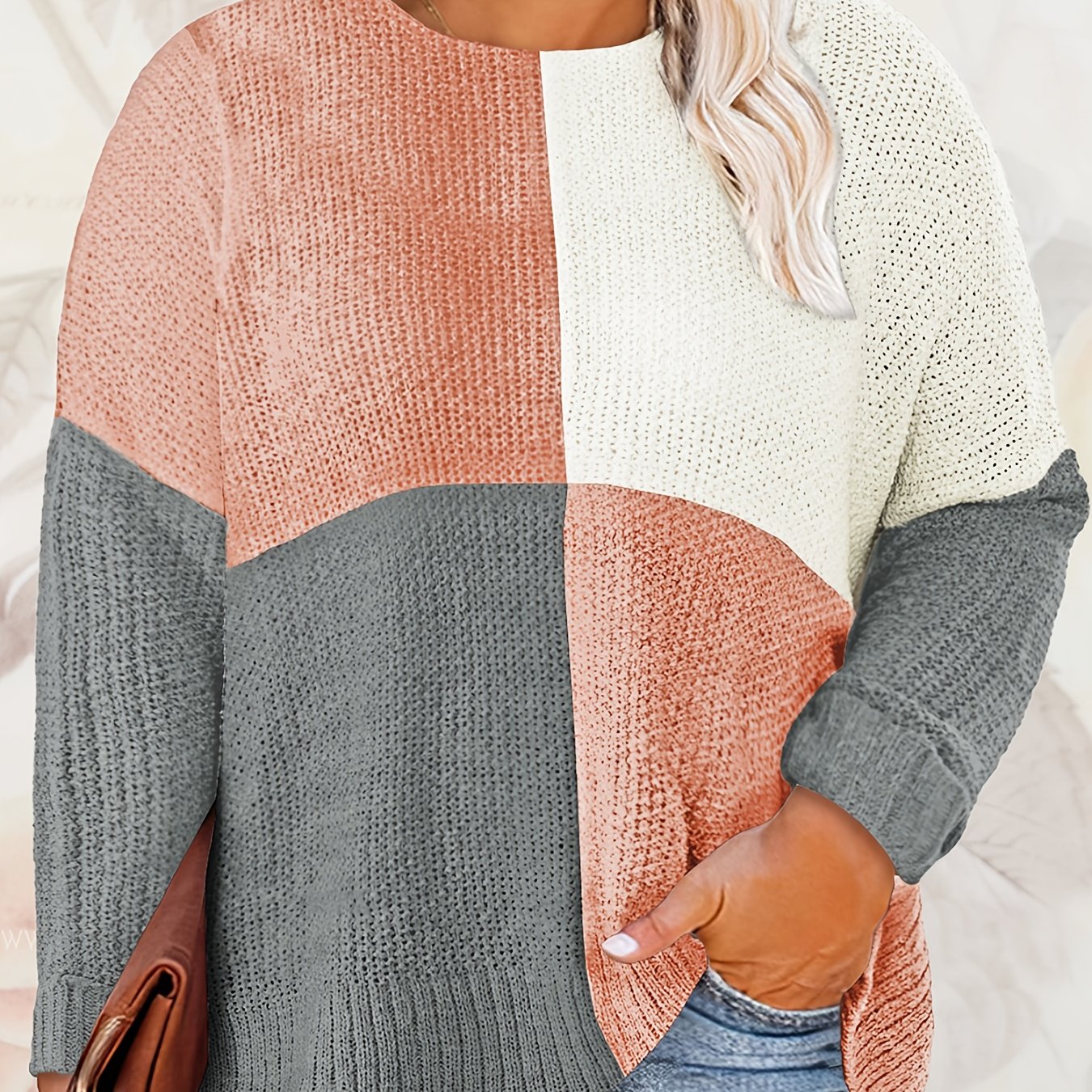  Colorblock Round Neck Pullover Sweater