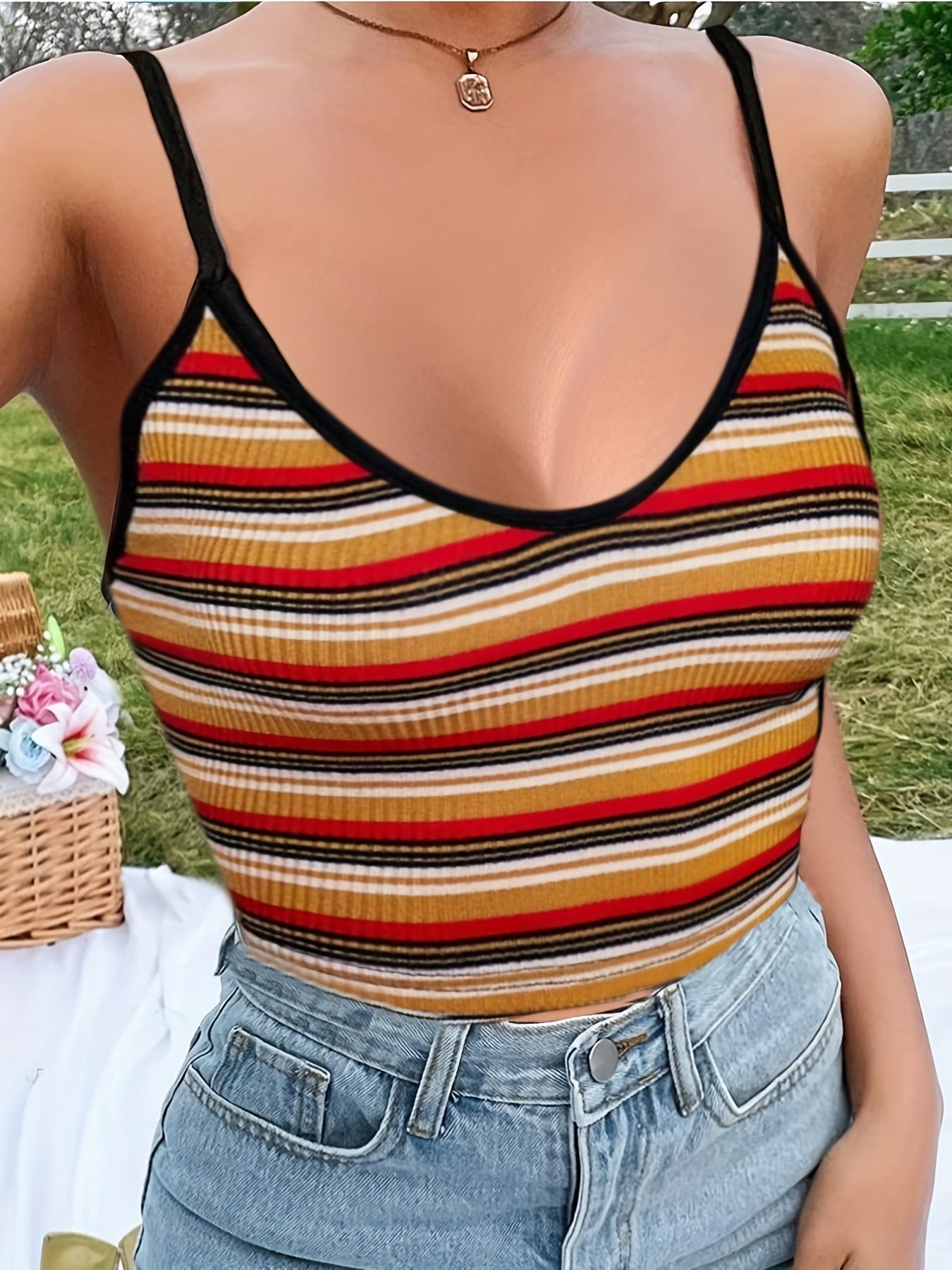 Striped Spaghetti Strap Crop Top Y2K Sexy Backless Cami Top