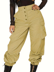 Women's Plus Solid Button Up Elastic High Rise Cargo Trousers