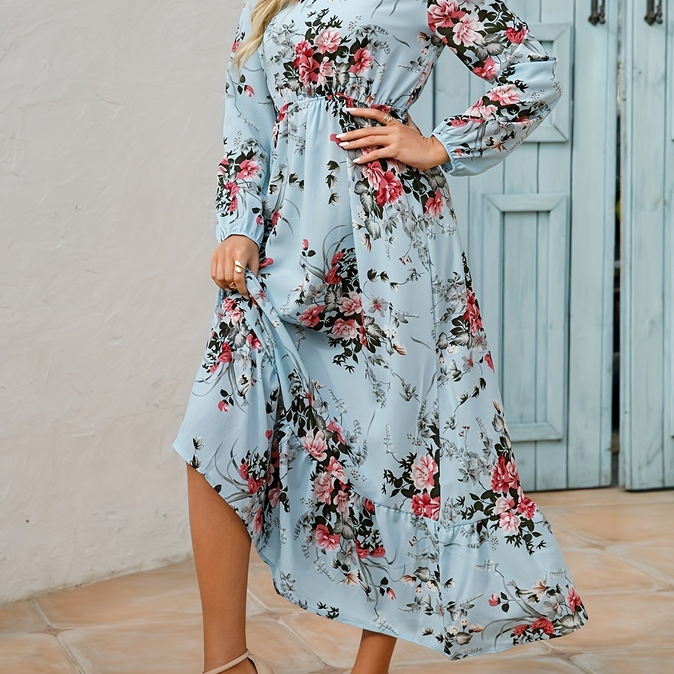 Floral Print Long Sleeve Tiered Dress Crew Neck