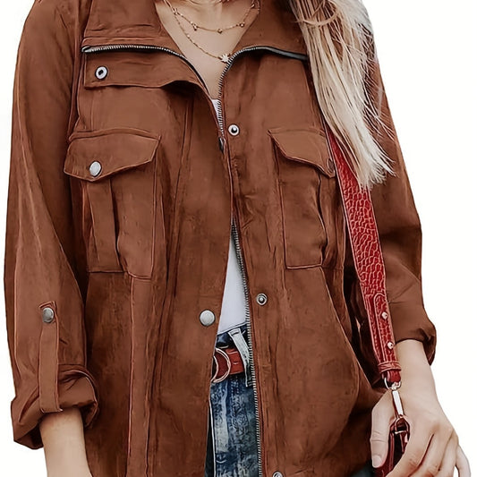 Vintage Zip Up Solid Jacket with Pockets