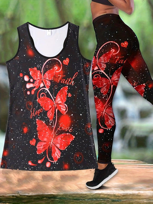 Butterfly Print Casual 2pc Set Tank Top & Slim Pants