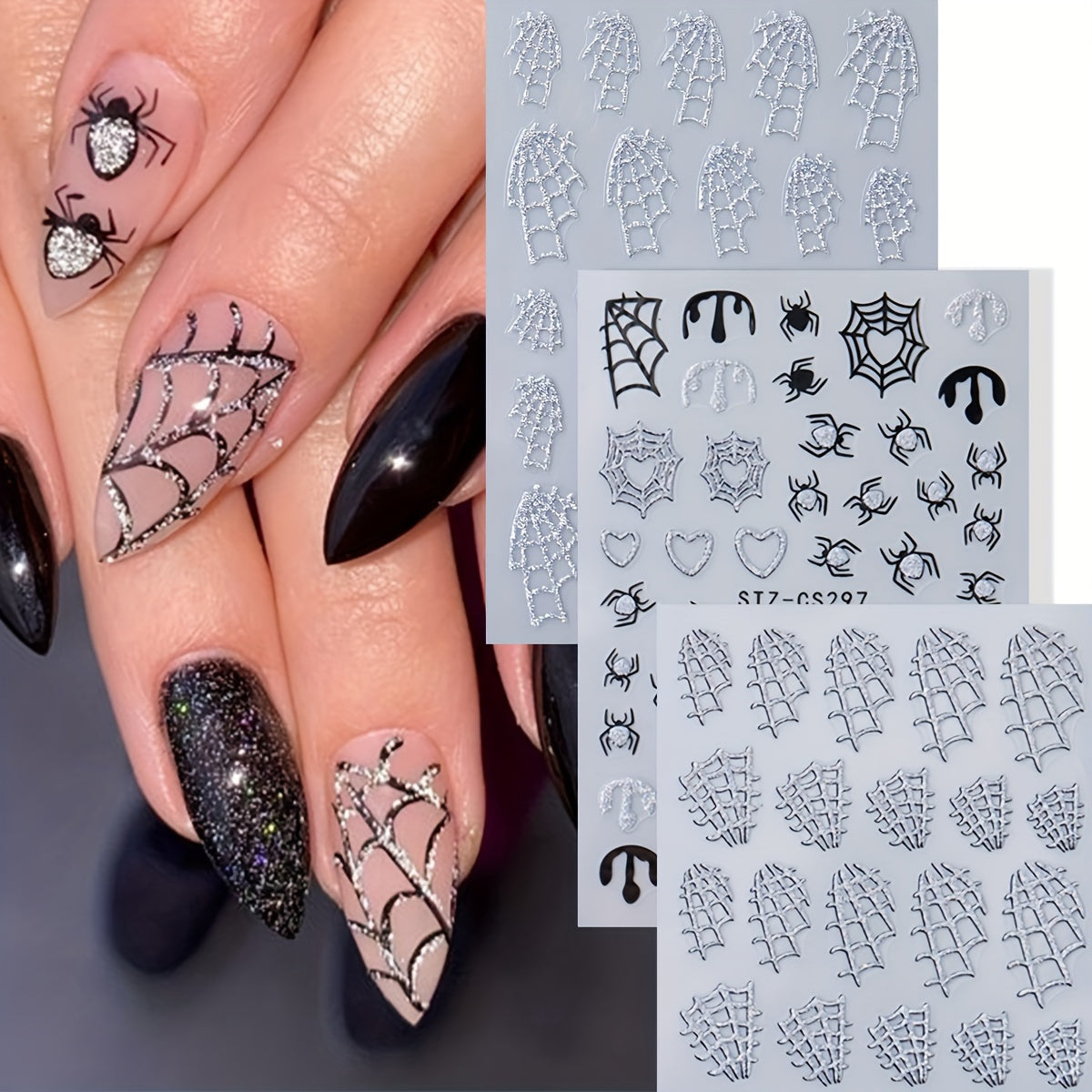 Silver Glitter Spider Web Nail Stickers - Halloween Y2K Manicure Decor