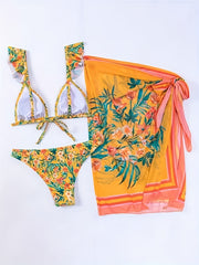 Floral Leaf Print Ruffle Strap Bikini & Mesh Wrap Cover Up Set