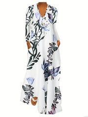  Women's Floral Maxi Dress V Neck Long Sleeve Pockets