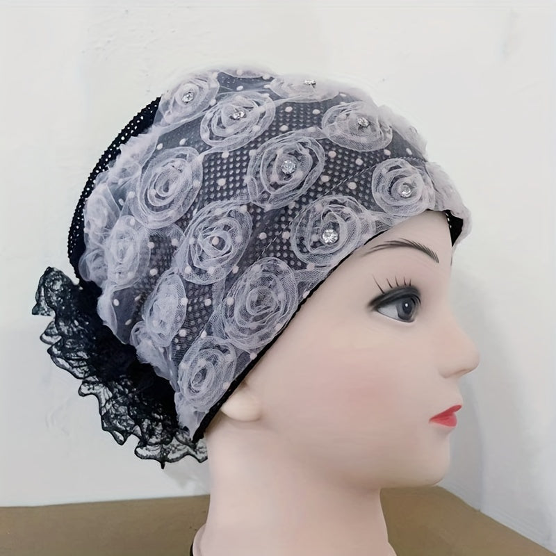Mesh Flower Beanie Rhinestone Turban Cap Ramadan Head Wrap Lightweight Chemo Cap