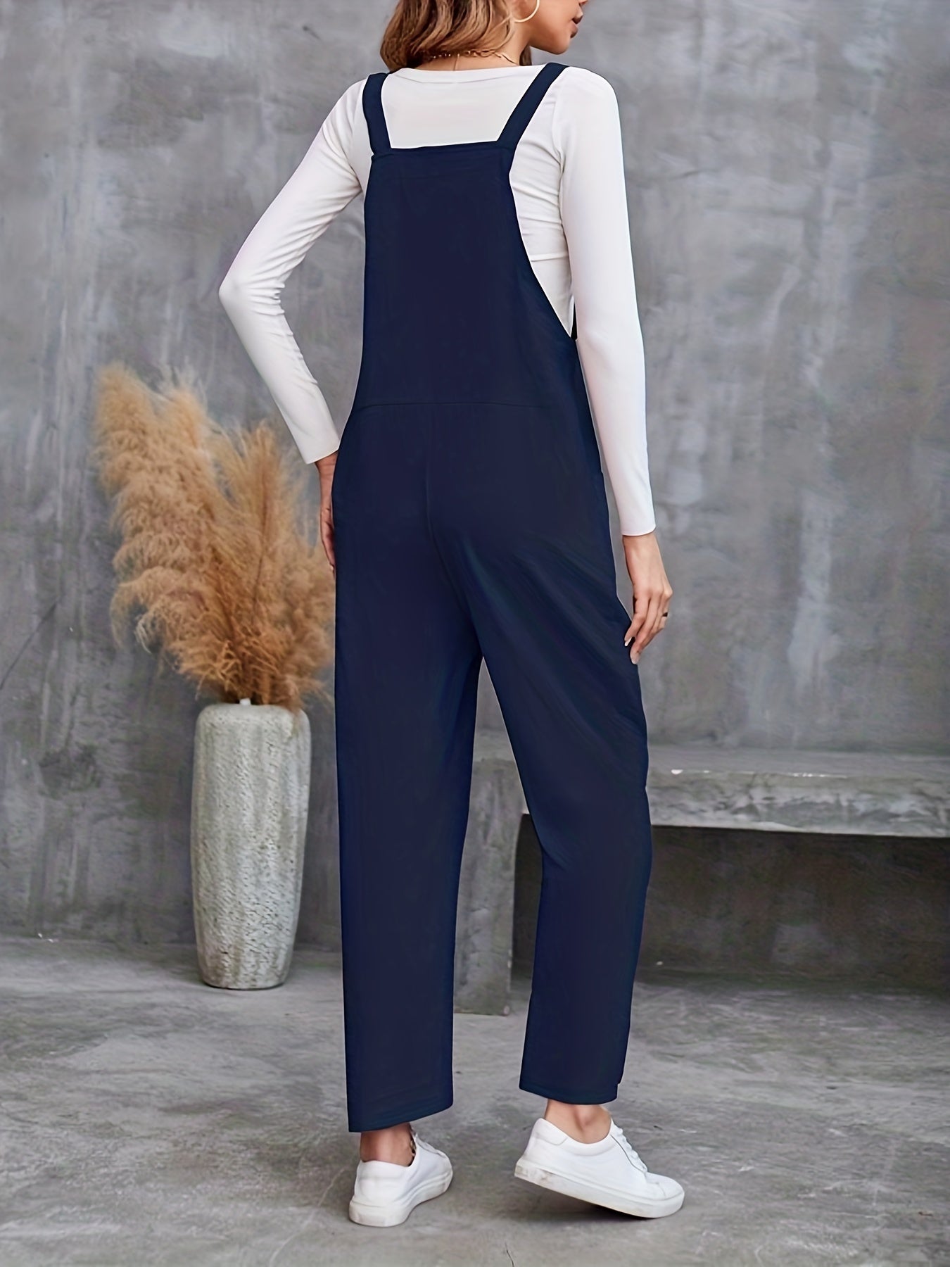 Solid Knot Strap Overall Jumpsuit with Pockets