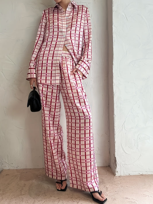  Plaid Print Shirt & Pants Outfit 2 Piece Set