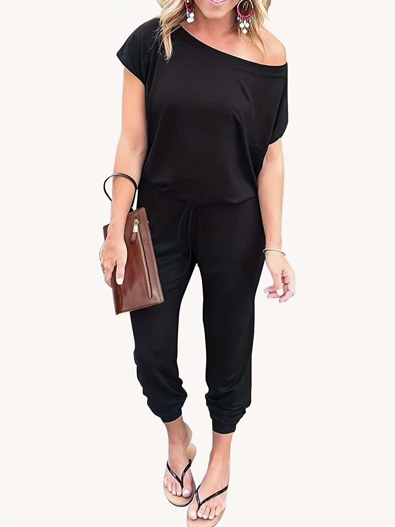 Casual Crew Neck Jumpsuit Drawstring Short Sleeve Solid