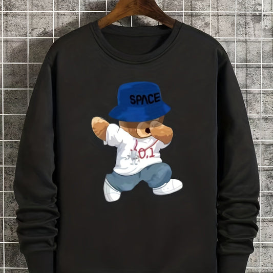 Kid's Cartoon Bear Pattern Sweatshirt SPACE Print Pullover Crew Neck