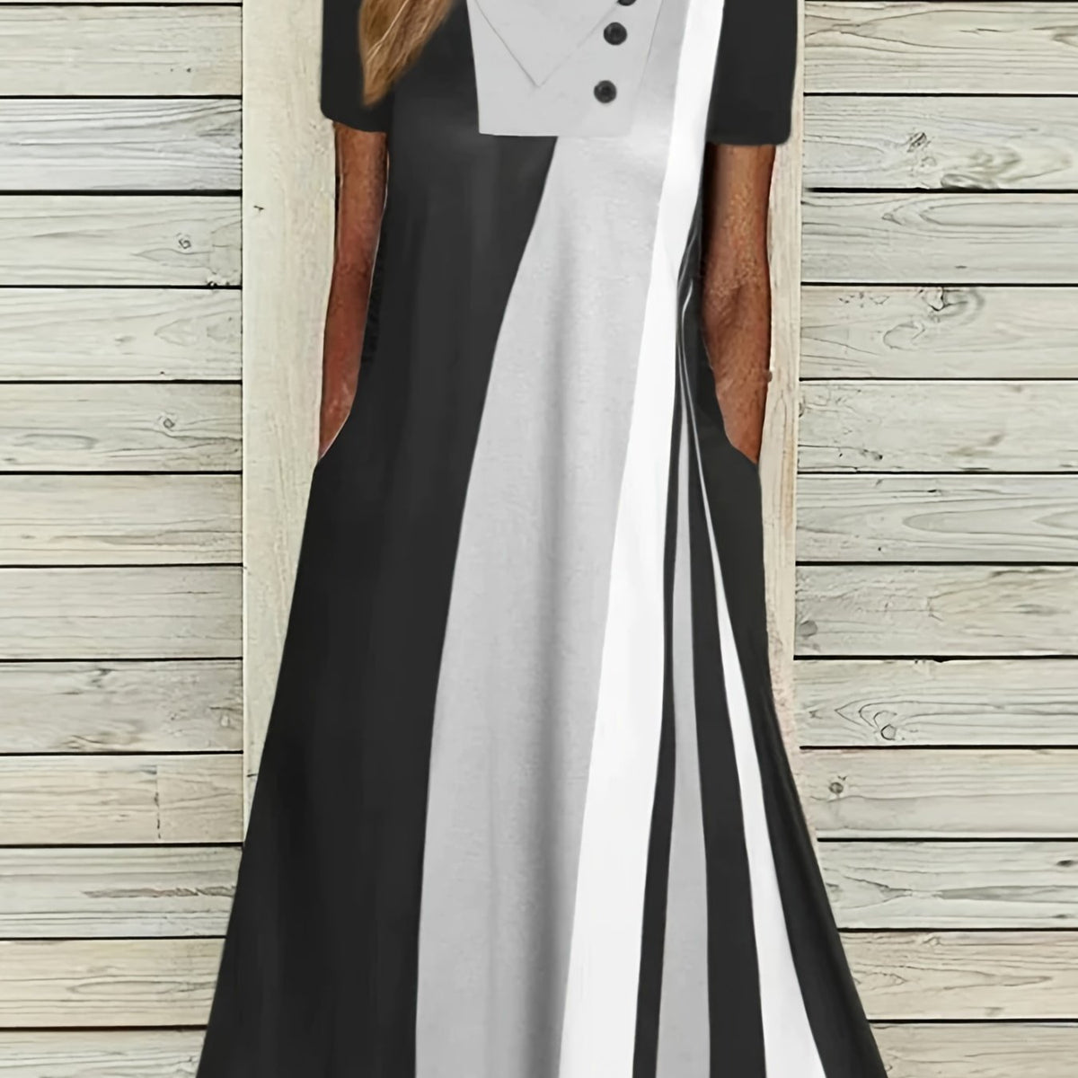  Casual Dress Women's Plus Ccolorblock Button Decor