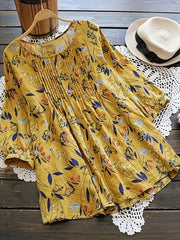  Floral Print Boho Shirt 3/4 Sleeve Ruffled Blouse