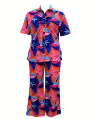  Tropical Print Blouse & Wide Leg Pants Set