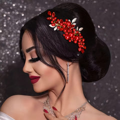 Red Beaded Bridal Headband Floral Hair Accessory