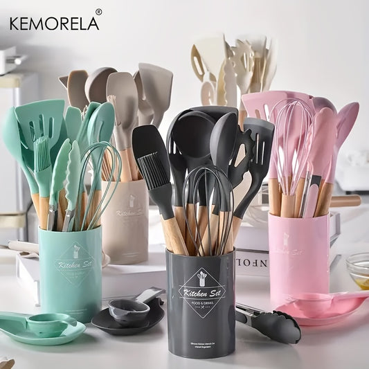14pcs Silicone Utensil Set with Wooden Handle & Storage Bucket