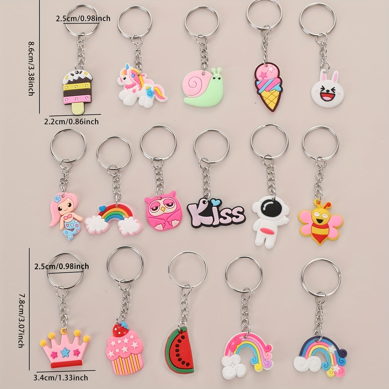 16pcs Cartoon Silicone Keychain Rings Unicorn Dinosaur Astronaut Party Favors