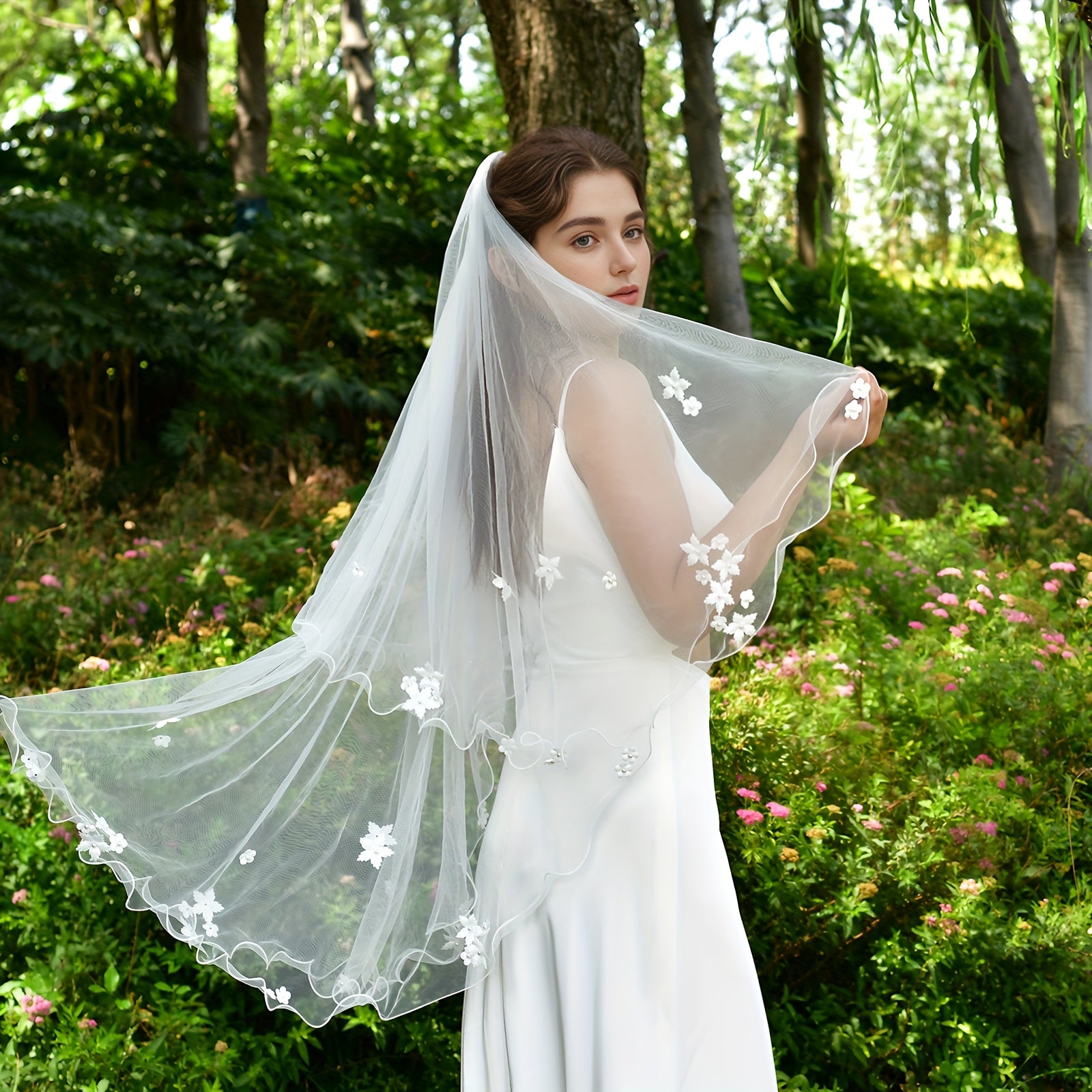 Romantic Floral Bridal Veil with Pearl Detailing for Outdoor Weddings