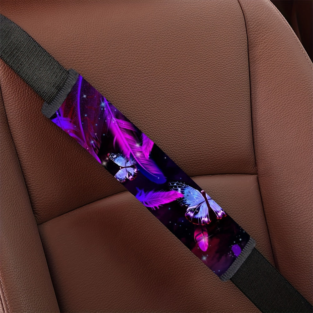 Feather Purple Butterfly Print Car Seat Belt Cover Soft Safety Shoulder Pad