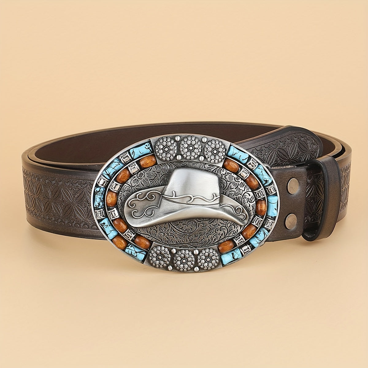 Western Cowboy Vintage Belt Embossed Leather Belt Bohemian Style Hat Buckle