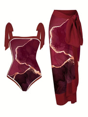 Burgundy Print Two Piece Swimsuit with Cover Up Shirt