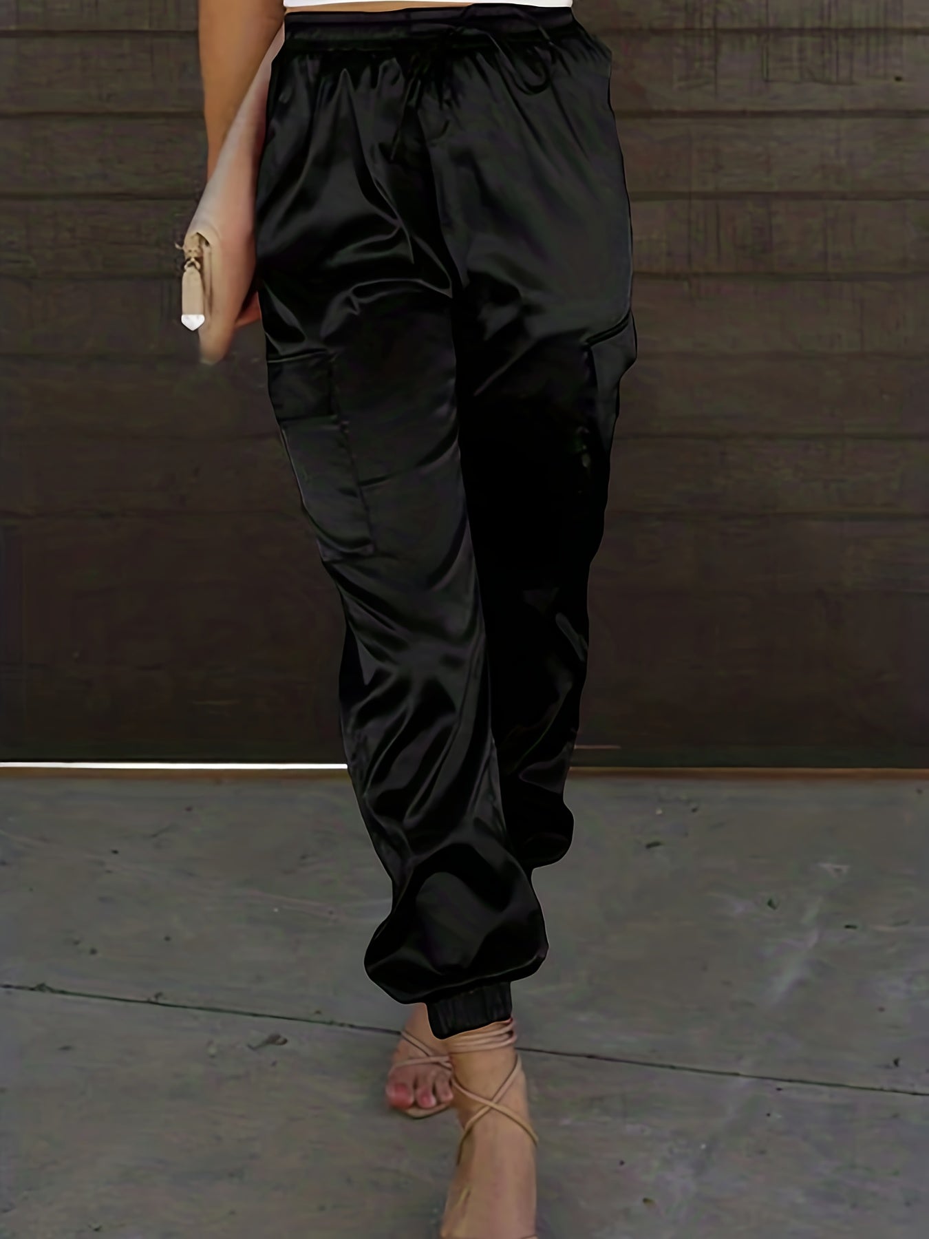 Women's Plus Solid Satin Cargo Pants With Drawstring Waist