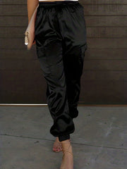 Women's Plus Solid Satin Cargo Pants With Drawstring Waist