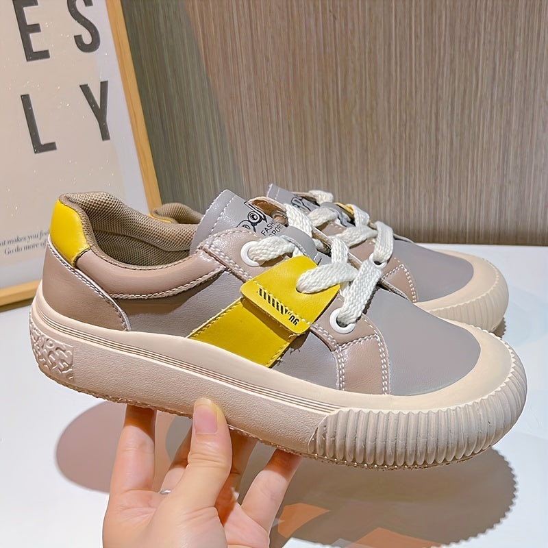 Women's Retro Block Faux Leather Sneakers Lace Up Sport Shoes