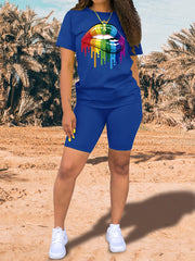 Lips Print Tee & Slim Shorts Set for Women