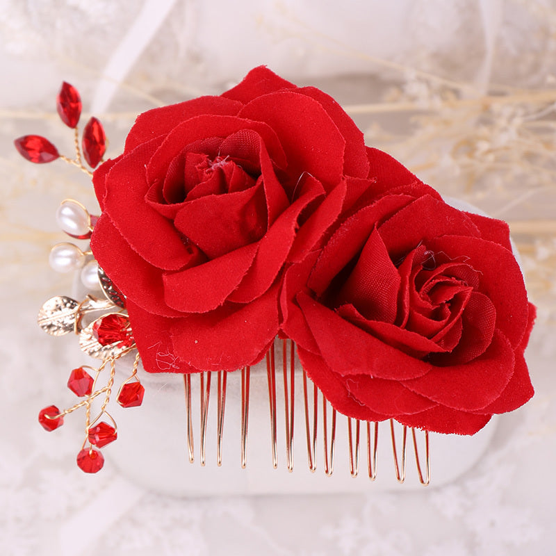 Red Rose Flower Hair Combs Bridal Headpiece Hair Accessories