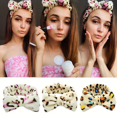 Leopard Bow Decor Headband Coral Velvet Bath Headband