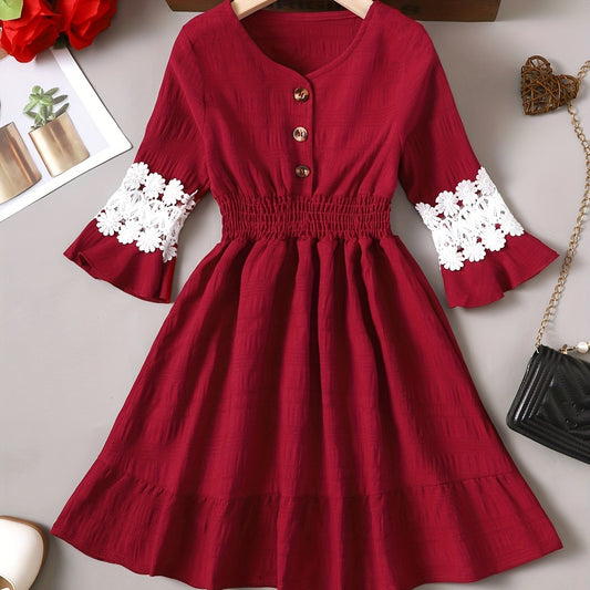 Girl's V Neck Pleated Puffy Dress Hollow Out Long Sleeve